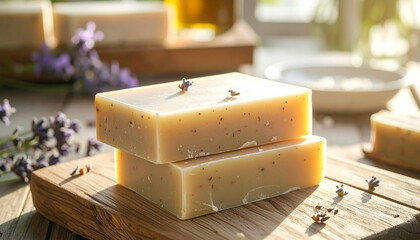 Closeup of a healthy homemade lavender soap bar with a towel and flowers