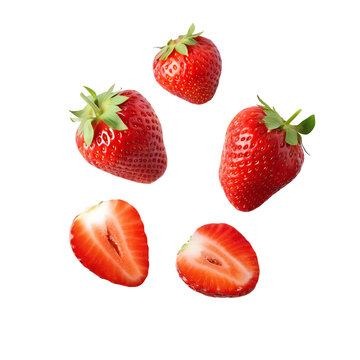Falling strawberries isolated on transparent or white background, png