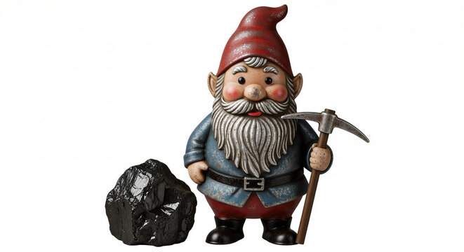 A charming garden gnome with a weathered red hat and blue jacket stands beside a large lump of coal, holding a pickaxe and smiling proudly at his work.