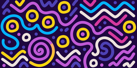 Vibrant abstract pattern with swirling lines circles and wavy shapes on dark purple background