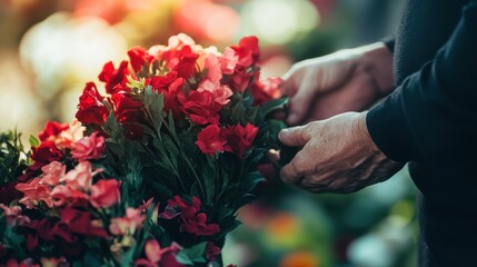 Mournful moment capturing grieving with flowers and funeral wreath. Grieving in times of sorrow. Bereavement scene showcases tender arrangement of blossoms representing mournful, grieving, burial