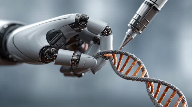 Synthetic Biology concept, robotic hand and robotic hand manipulating dna strand genetic engineering bioengineering laboratory