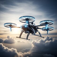 Drone soaring through clouds, futuristic technology in aerial view.