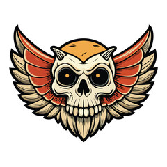 Fototapeta premium Skull with horns and large wings, a stylized illustration on a white background Halloween spooky