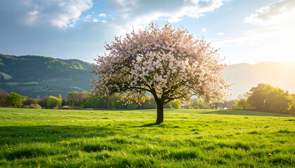 Obraz premium A vibrant flowering tree stands in a lush green field, with mountains and a bright sun in the background.