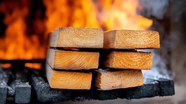 Wood planks burning over a grill with flames and smoke in an outdoor cooking setup during a sunny day