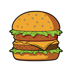 Detailed illustration of a delicious double cheeseburger with fresh lettuce and ripe tomato with melted cheese