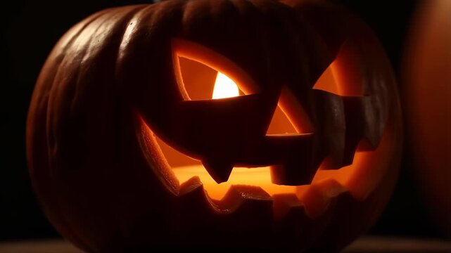 A cinematic close-up of a carved pumpkin lantern glowing with flickering candlelight, seamless Halloween loop in ultra-realistic 4K, Ai Generate.