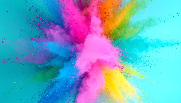 Vibrant colorful powder explosion on a light teal background - Powered by Adobe