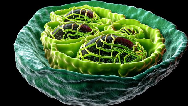 Synthetic Biology concept, Chloroplast cross section with stacked thylakoid and granum detail showing membrane network plant cell