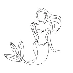 Simple black line art drawing of a mermaid in a minimalist style on a white background.