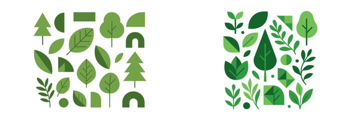 Geometric nature elements with green leaves, trees, and abstract shapes for ecology and environment concepts