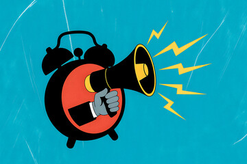 Naklejka premium Urgent Announcement Concept Art – Alarm Clock with Megaphone and Lightning Bolts on Blue Background