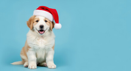 a happy and cute golden retriever puppy wearing a red santa hat on a light blue background