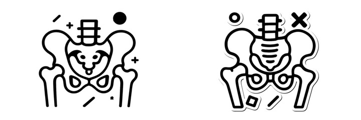 Human pelvis and hip joint line art icon set for medical and anatomical concepts, black and white skeletal system symbol for orthopedics and healthcare design