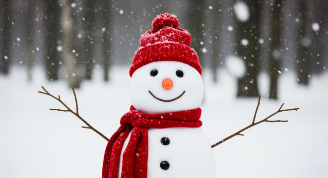 a smiling snowman with a red hat and scarf standing in a snowy forest