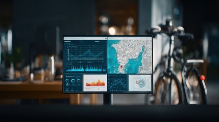 Focused medium shot of a digital fleet management dashboard with graphs and maps surrounding office elements softly blurred to underline smart micromobility control.