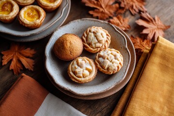 Assorted autumn desserts with apple tarts, pumpkin cheesecake, and financiers on rustic table, cozy brunch styling