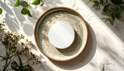 White cosmetic jar on a rustic ceramic plate surrounded by green foliage and small white flowers, bathed in natural light.
