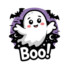 Adorable Halloween illustration featuring a cute ghost with spooky bats and a bold 