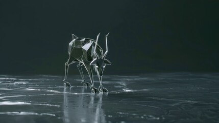 Futuristic Digital Dog Sculpture on Reflective Surface in Dark Ambient Setting