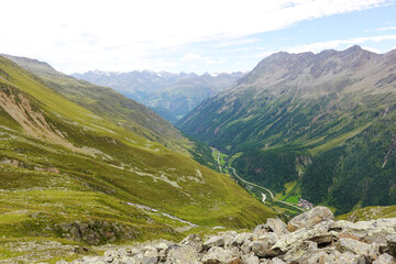 The view opening from the high hiking way from Tiefenbach glacier to Vent in Oetztal valley in the Austrian Alps 