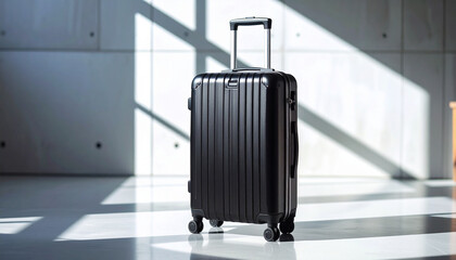 A black rolling suitcase stands in front of a concrete wall, with sunlight casting shadows.