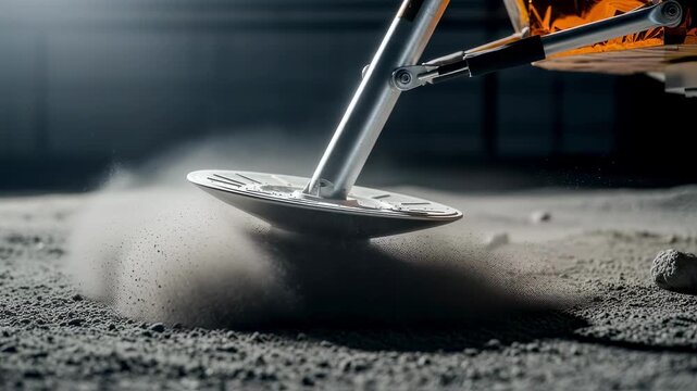 Closeup of the lunar landers footpad with dust simulation during a drop test replicating extraterrestrial surface contact.