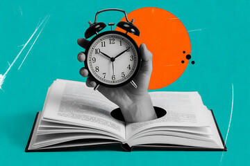 Time and Learning Illustration &ndash; Hand Holding Alarm Clock Emerging from Open Book with Orange Circle on Teal Background