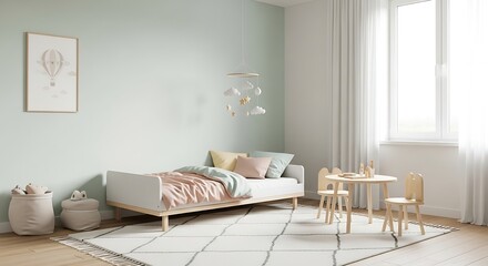Minimalist Kids Room with Bed and Play Area.