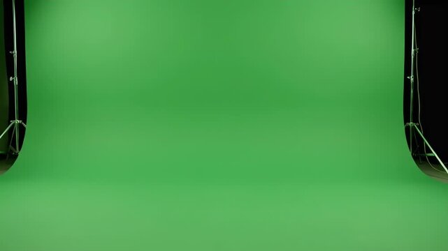 Empty Professional Green Screen Studio Background with Lighting Equipment for Chroma Key Compositing, Video Production, and Virtual Set Design