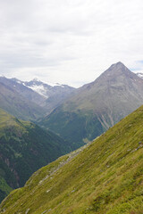 The view opening from the high hiking way from Tiefenbach glacier to Vent in Oetztal valley in the Austrian Alps 
