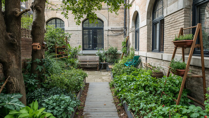 Naklejka premium Lush Greenery in a Peaceful Apartment Courtyard