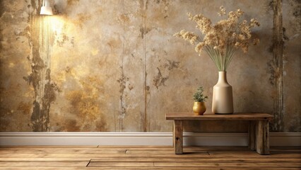 Rustic Interior Design Featuring a Wooden Bench, Dried Flowers, and a Textured Wall