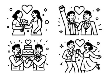 Fototapeta premium Icon set of diverse wedding couples celebrating marriage with gay, lesbian, and heterosexual people dancing, holding a cake, and exchanging flowers