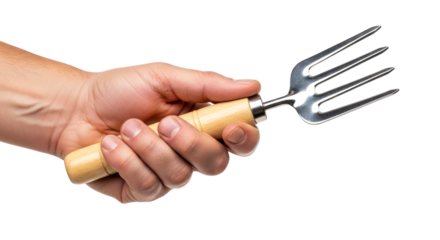 a hand cultivates new life presenting a gardening tool, symbol of springs renewal and growth, isolated on transparent background