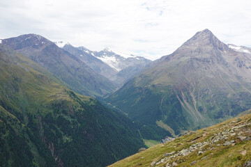 The view opening from the high hiking way from Tiefenbach glacier to Vent in Oetztal valley in the Austrian Alps 