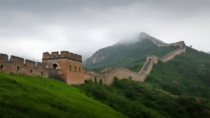 The Great Wall of China winding through lush green hills under a cloudy sky