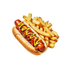 Delicious Hot Dog with Chili Sauce  Melted Cheese  and Golden Fries, Generative AI