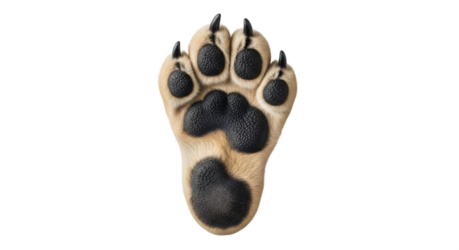 Detailed animal paw print showing pads and sharp claws on white background.