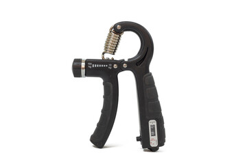 A black, adjustable hand grip strengthener, also known as a hand dynamometer or gripper, isolated...