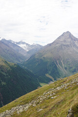 The view opening from the high hiking way from Tiefenbach glacier to Vent in Oetztal valley in the Austrian Alps 