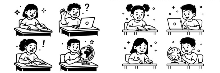 Set of black and white line art icons showing diverse children studying at their desks with books, laptops, and globes for education concepts