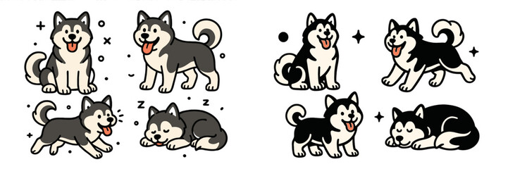 Adorable Siberian husky dog cartoon character collection with various poses like sitting, standing, running, and sleeping isolated on a white background