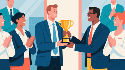 Business figure, award ceremony, receiving an award, flat design, vector illustration.