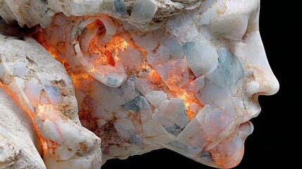 Dramatic close-up of porcelain mask with glowing cracks and molten lava, surreal fine art photography, symbolic of suppressed female emotions