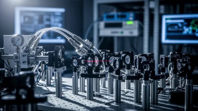 Complex network of optical elements and vacuum seals integrated on satellite laser terminal test bench for highaccuracy beam alignment.