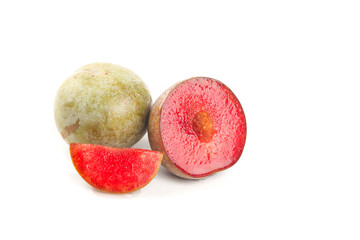 Fresh Gutian Red Plums Sliced Display Showing Pink Flesh Interior