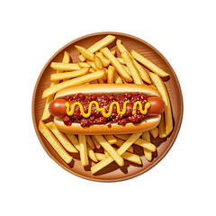 Delicious Hot Dog with Chili Sauce  Melted Cheese  and Golden Fries, Generative AI