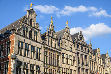 Ornate facades of old historic Guildhouses in the Grote Markt main square of Antwerp, Belgium